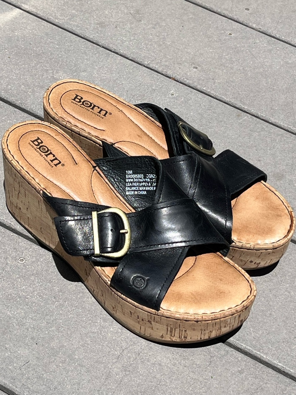 Born Black Leather Cork Platform Wedge Slide Sandals 10M